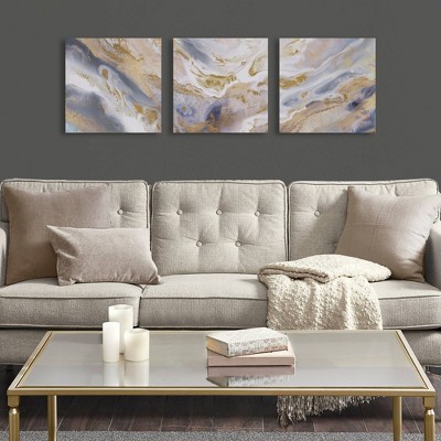 Shimmering Symphony Glitter and Gold Foil Abstract Triptych Canvas Wall Art