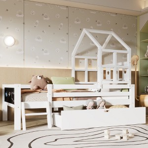 Twin/Full Size Loft Bed, House-Shaped Kid`s Bed Frame with Ladder, Blackboard and Storage Drawers, White -ModernLuxe - 1 of 4