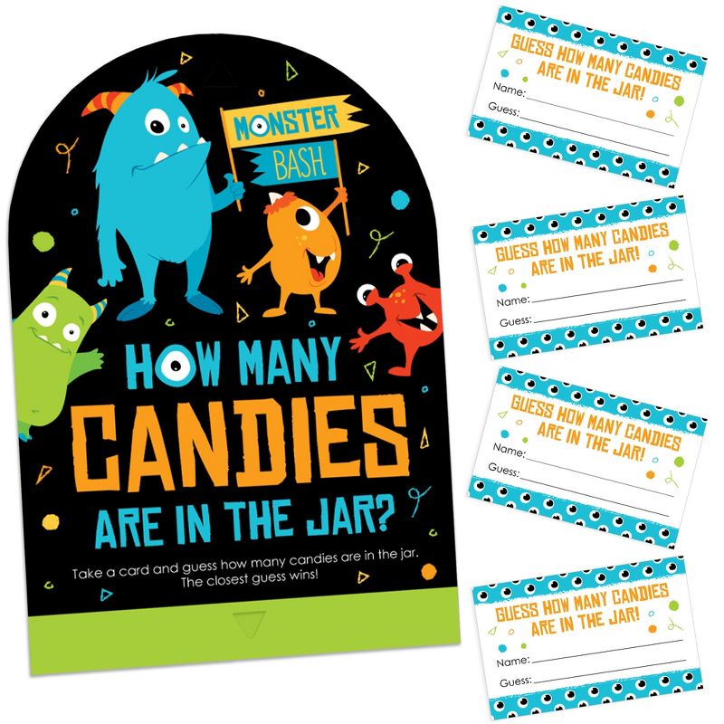 Big Dot of Happiness Monster Bash - How Many Candies Little Monster Birthday Party or Baby Shower Game - 1 Stand and 40 Cards - Candy Guessing Game, 1 of 9