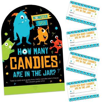 Big Dot of Happiness Monster Bash - How Many Candies Little Monster Birthday Party or Baby Shower Game - 1 Stand and 40 Cards - Candy Guessing Game