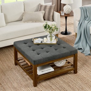 1 Piece Classic Linen Fabric Upholstered Coffee Table,Square Footrest With Beech Wood Open Storage Shelf,Wooden Coffee Table-Cuddlewood - 1 of 4