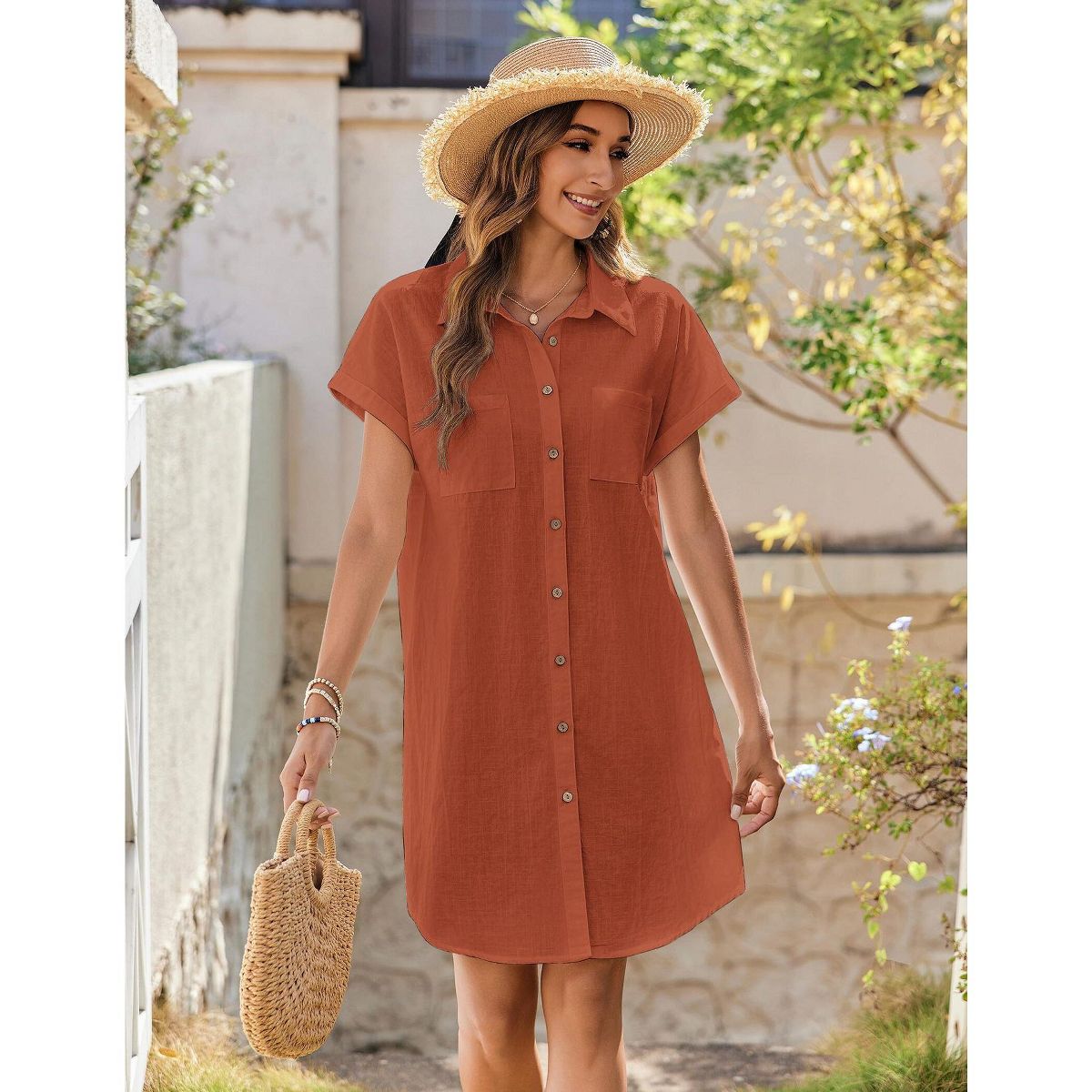 Button Down Shirtsdress for Women Summer 2025 Short Sleeve Shift Dress Striped Shirt Dress Cap Sleeve Mini Casual Sundress with Chest Pocekts - thumbnail 7