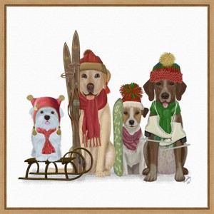 16" x 16" Christmas Dogs Winter Sports Fans by Fab Funky Framed Canvas Wall Art - Amanti Art: Holiday Decor, Animal Lithograph - 1 of 4