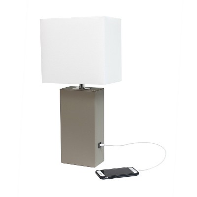 Modern Gray Leather Table Lamp with USB and White Fabric Shade
