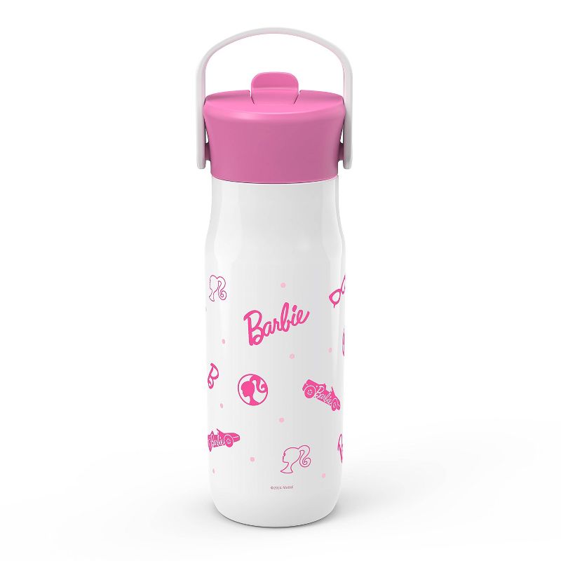 Zak Designs 20 fl oz Stainless Steel Barbie Water Bottle with Straw Pink/White, 3 of 12