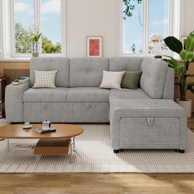 94"W L-Shaped Sectional Sofa with Movable Ottoman and Stool, Pull-out Sofa Bed with Storage Space, 1 Cup Holder & 2 USB Ports - ModernLuxe