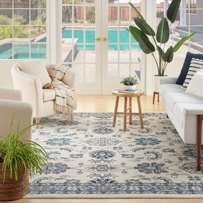 Ivory Blue 10' x 14' Synthetic Rectangular Rug
