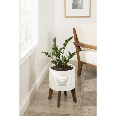 White Metal Planter with Natural Wood Stand, 11.25" Diameter