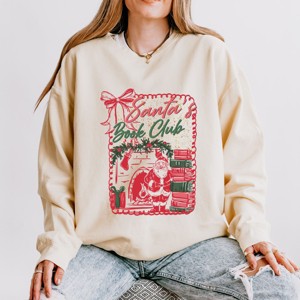 Santa's Book Club Coquette - Women's Lightweight Garment Dyed Sweatshirt - 1 of 2