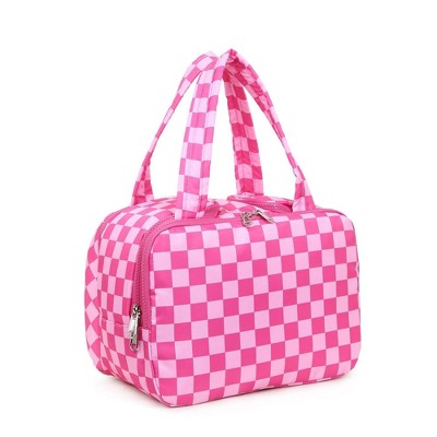 Anna-Kaci Checkered Makeup Brush Storage Bag with Zipper Compartments and Carry Handles - Fuchsia