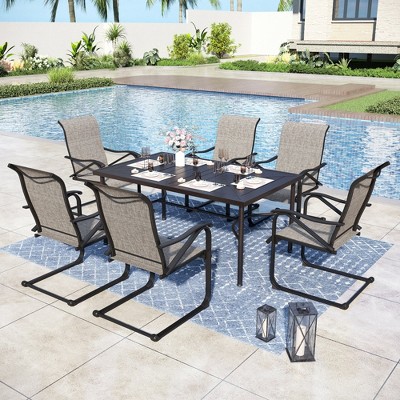 Captiva Designs 7pc Patio Dining Set with Geometric Pattern Rectangle Table & C-spring Sling Chairs