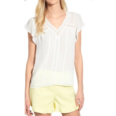 Women's Short Sleeve V-Neck Blouse w/ Lace Trim Blouse - 1.STATE
