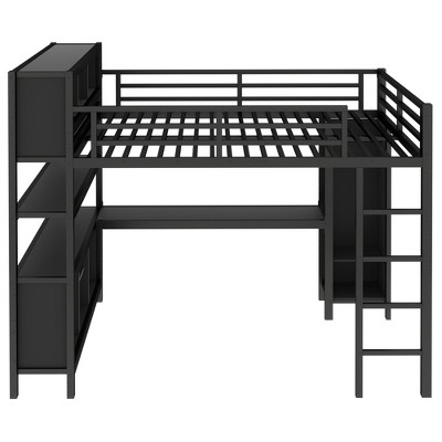 Bellemave Metal Loft Bed with Wardrobe And L-shaped Desk,  Loft Bed with Storage Cubes and Shelves, Heavy Duty Loft Bed for Kids Teens Adults, Black