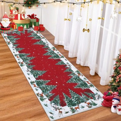 Fulvari Snowman House Pine Tree Christmas Area Rug,Xmas Home Decor Low-Profile Washable Area Rugs for Entryway Bedroom Living Room