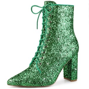 Perphy Women's Glitter Lace-Up Pointed Toe Block Heel Ankle Boots - 1 of 3