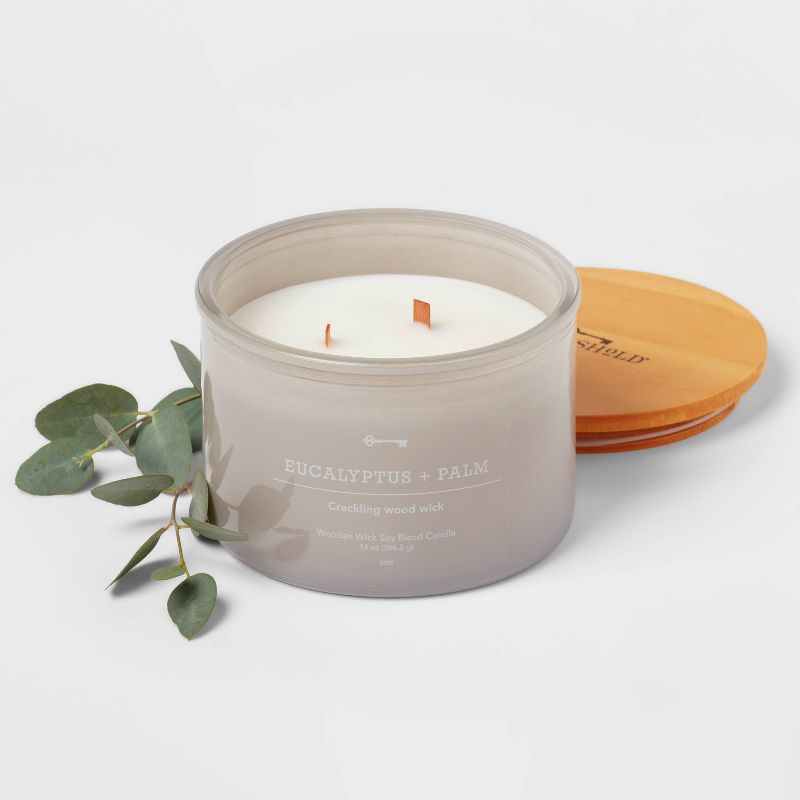 14oz Lidded Gray Glass Jar Crackling Wooden 3-Wick Candle with Clear Label Eucalyptus + Palm - Threshold&#8482;, 4 of 5