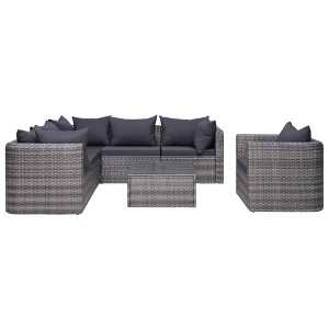 vidaXL 7 Piece Gray Poly Rattan Patio Sofa Set with Cushions, Pillows, and Coffee Table - Durable, Versatile and Comfortable Outdoor Lounge Furniture - 1 of 4
