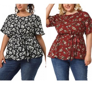 Women's Plus Size 2 Piece Floral Keyhole Neck Chiffon Ruffle Tie Waist Short Sleeve Casual Blouse - Agnes Orinda - 1 of 4