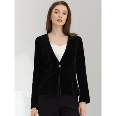 Allegra K Women's Long Sleeve Office Collarless 1 Button Velvet Blazer Black Small — фото 4