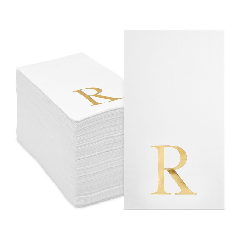 Sparkle and Bash 100 Pack Gold Foil Initial Letter R White Monogrammed Paper Napkins for Wedding Reception, Table Decorations, 4 x 8 In, 1 of 9