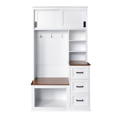 Vynxaria Hall Trees: Modern Entryway Bench with Coat Rack and Storage (White Accents, 40.2 Inch)