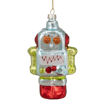 Northlight 5" Silver and Green Robot Hanging Glass Christmas Ornament