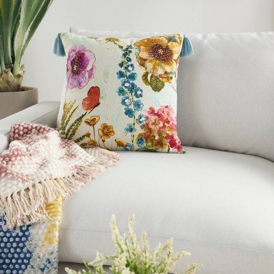 18" Multicolor Embroidered Floral Garden Throw Pillow with Tassels