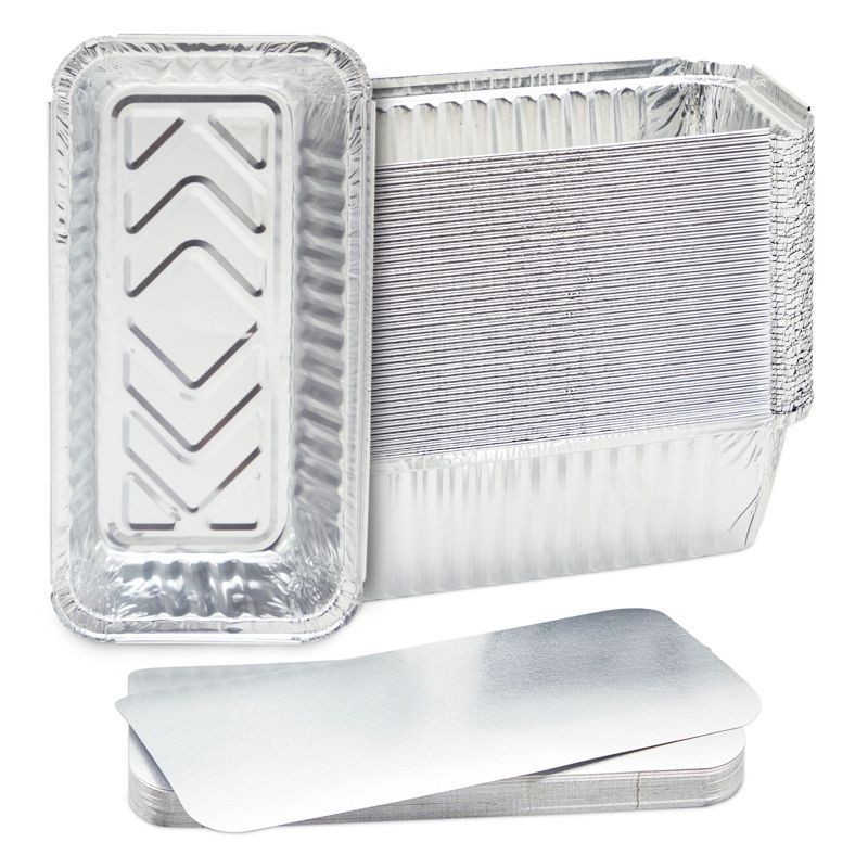 Juvale 50 Pack Disposable Aluminum Loaf Pans with Lids, 22oz Tins for Baking, Heating, Storing, 8.5 x 2.5 x 4.5 In, 1 of 10