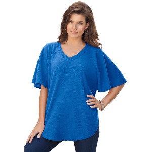 Roaman's Women's Plus Size High Pile Fleece Batwing Tee - 1 of 4