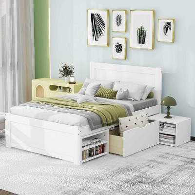 Twin Size Platform Bed with Drawer and Two Shelves