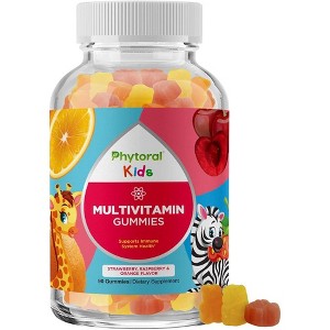 Kids Multivitamin Gummies, Vitamins for Mood Support, Natural Energy Boost & Immune Support, Strawberry, Raspberry & Orange Flavor, Phytoral, 90ct - 1 of 4