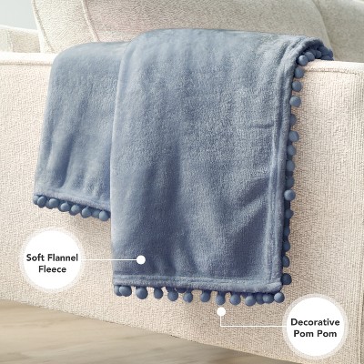 Cozy Dusty Blue Fleece Twin Throw with Pom Pom Fringe