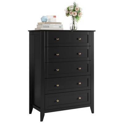 5 Drawers Dresser for Bedroom, Farmhouse Tall Wood Chest of Drawers for Clothes, Big Storage Dressers Organizer with Gold Handles & Deep Drawers