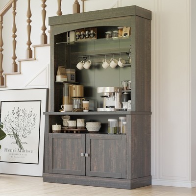 Coffee Bar Cabinet with LED Lights 72" Tall Buffet Cabinet with Storage Farmhouse Kitchen Sideboard Tall Coffee Hutch