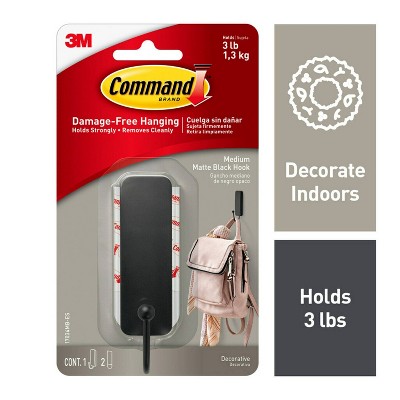 Command Medium Sized Decorative Hook Black: Plastic Painted Hook with Command Strips, 3 lb Capacity, 1 Pack