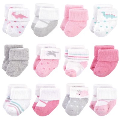 Hudson Baby Infant Girl Cotton Rich Newborn and Terry Socks, Girl Dino, 0-3 Months