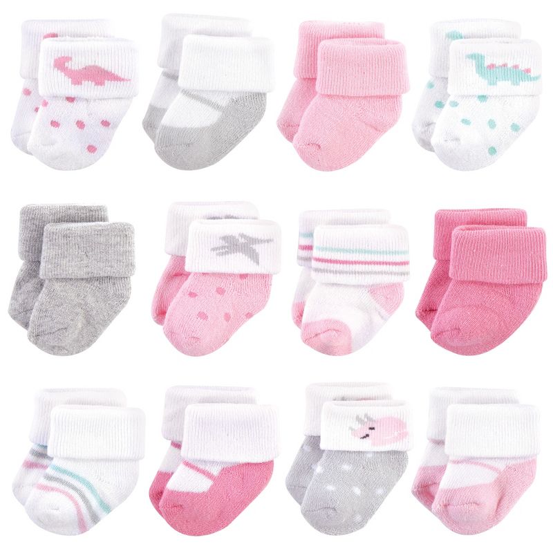 Hudson Baby Infant Girl Cotton Rich Newborn and Terry Socks, Girl Dino, 0-3 Months, 1 of 4