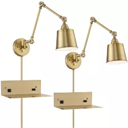 360 Lighting Modern Swing Arm Wall Lamps Set of 2 with USB Port Outlet Shelf Brass Plug-In Light Fixture Gold Shade for Bedroom