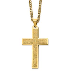 Chisel Stainless Steel Yellow IP-plated Lord's Prayer Cross Pendant on a 24" Curb Chain Necklace - 1 of 4