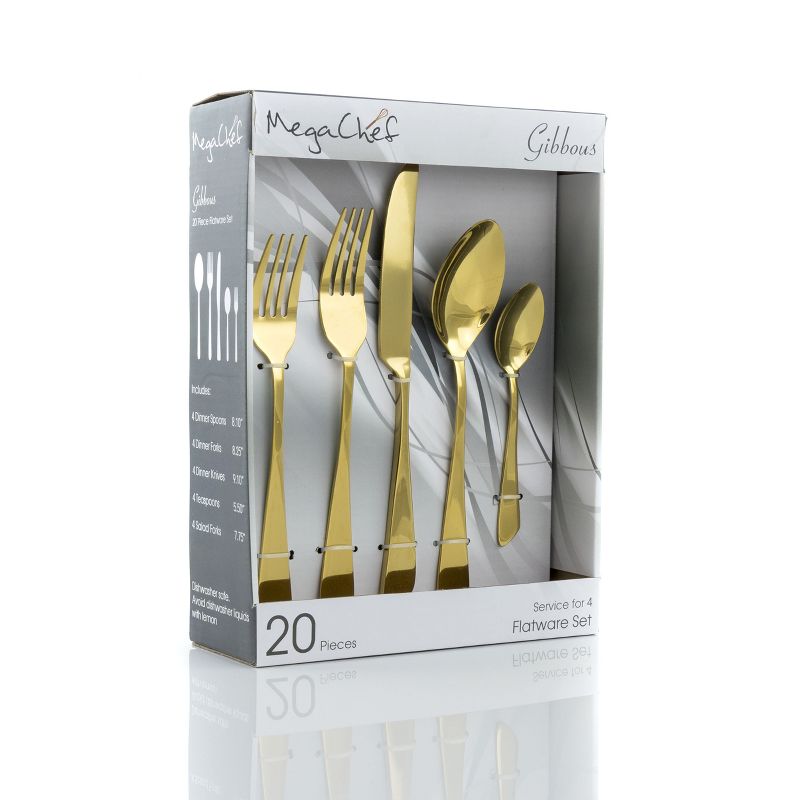 MegaChef Gibbous 20 Piece Flatware Utensil Set, Stainless Steel Silverware Metal Service for 4 in Gold, 3 of 8