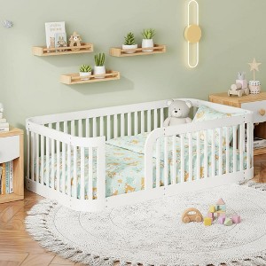 Polibi Wooden Floor Bed Frame with Fence Guardrails & Rounded Corners - 1 of 4