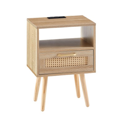 LIVAREEmlen 15.75" Rattan End table with Power Outlet & USB Ports, Modern Nightstand with drawer and solid wood legs, side table for living room