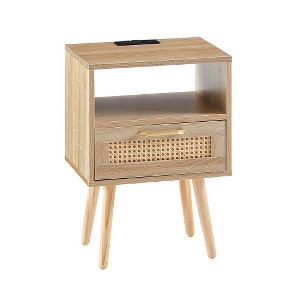 LIVAREEmlen 15.75" Rattan End table with Power Outlet & USB Ports, Modern Nightstand with drawer and solid wood legs, side table for living room - 1 of 4