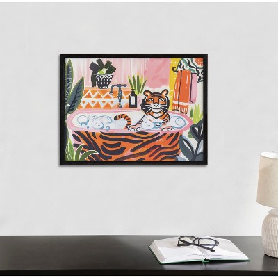 Bold Maximalist Tiger in Bubble Bath Framed Wall Art, 16x12 Black