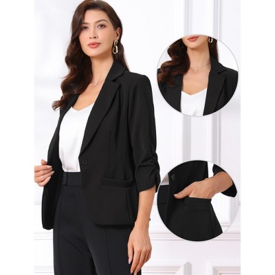 INSPIRE CHIC Women's Business Casual Ruched 3/4 Sleeve One Button Blazer for Work Suit Jacket Medium Black — фото 2