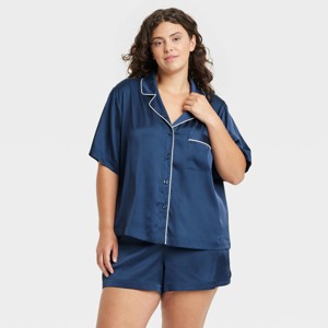 Women's Satin Notch Collar Short Sleeve and Shorts Pajama Set - Auden™ - 1 of 3