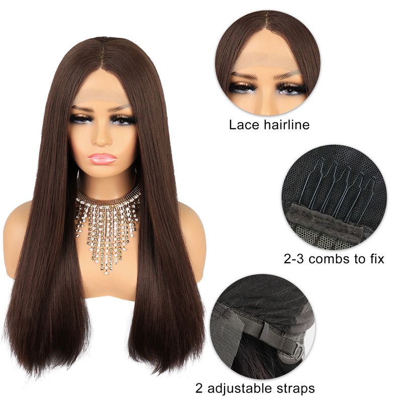 Unique Bargains Lace Front Wigs, Heat Resistant Long Straight Hair for Girl Daily Use Synthetic Fibre Dark Brown 26", 5 of 7