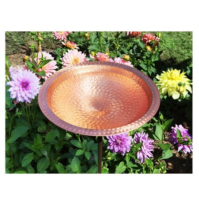 Hammered Solid Copper Birdbath with Wrought Iron Stake