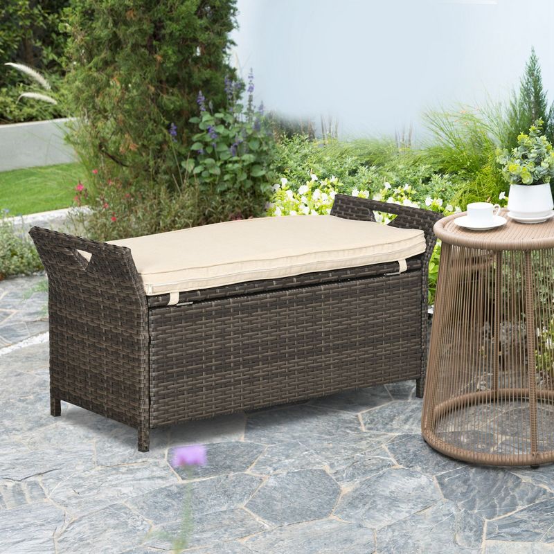 Outsunny Outdoor PE Rattan Two-In-One Storage Bench, Patio Wicker Large Capacity Footstool Rectangle Basket Box w/ Handles & Cushion, 3 of 8