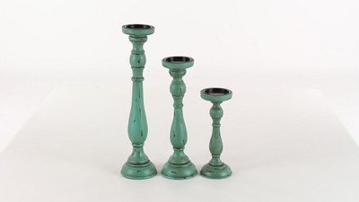 Teal Wood Fluted Pillar Candle Holders Set of 3